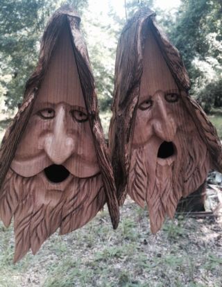 2 Hand Carved Wood Spirit Old Man Face Cedar Birdhouses With Hair