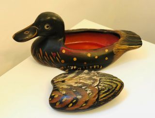 Vtg Ceramic Decorative Hand Painted Mallard Duck Trinket Box With Lid Glass Eye