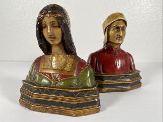 Vintage Dante & Beatrice Bookends Armor Bronze Clad Polychrome Paint