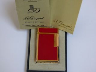 S T Dupont Line1 Large Lighter - Red Lacquer/gold Plated Trim - Boxed -