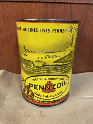 Vintage Pennzoil United Airlines Aviation Be Oil Wise Owl 1 Quart Motor Oil Can