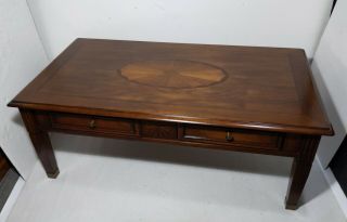 Vintage Coffee Table Inlaid Wood Top Brass Feet English Chippendale Style