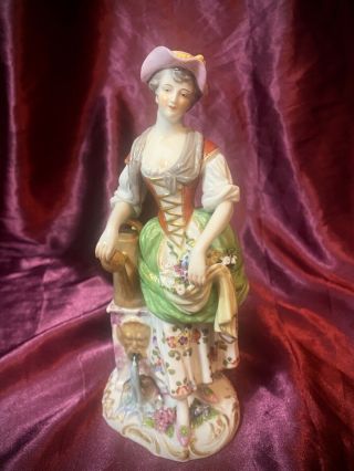 Antique Meissen Figurine Woman At Bacchus Fountain Watering Can Gardening Flower