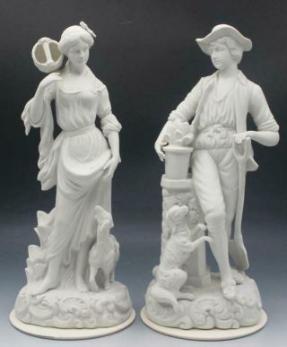 Pair Antique Parian Bisque Porcelain Figural Statues Man & Woman Peasants