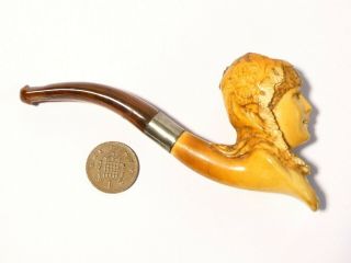 Antique Woman In Floral Head Scarf Hand Carved Meerschaum Cheroot Pipe 33