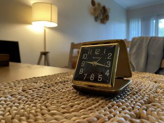 1950s Vintage,  Bulova Wind Up Travel Alarm Clock,  Black Flip Case.