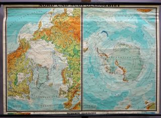 Vintage Map North Pole South Pole Polar Region Rollable Wall Chart