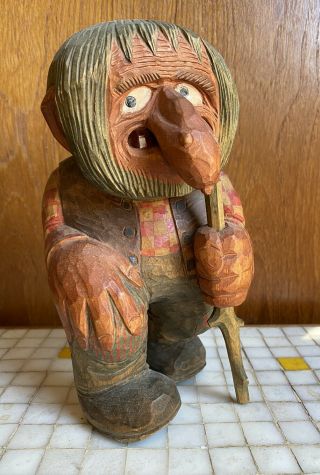 Large Anton Sveen Hand Carved Wood Troll Figure With Walking Stick Norway