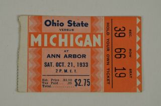 Vintage 1933 Michigan Versus Ohio State University Football Ticket Stub Game
