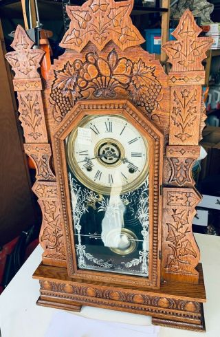 Antique Wood Gilbert Kitchen Clock With Key Runs