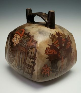Antique Pre - Columbian Nazca Peru Polychrome Decorated 2x Spout Stirrup Vessel