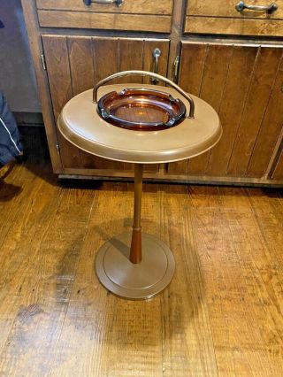 Vintage Metal/wood Cigar Ashtray Floor Stand Pedestal Amber Glass