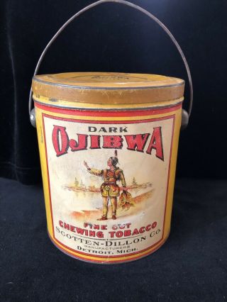 Vintage Antique Ojibwa Fine Cut Chewing Tobacco Tin Advertising American Indian