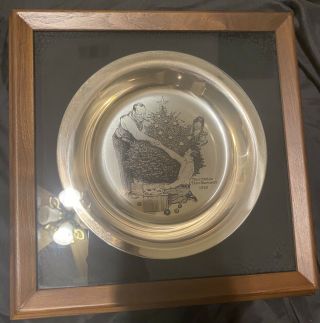 Framed Sterling Silver 1973 Franklin “trimming The Tree” Plate.