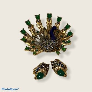 Rare Vintage Marcel Boucher Enamel Peacock Brooch And Earring Set