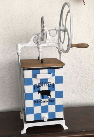 Antique Dazey Butter Churn Hand Painted Farm Decor Blue And White