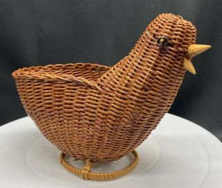 Vintage Wicker Rattan Bird Chicken Decorative Basket Or Planter 8” Long
