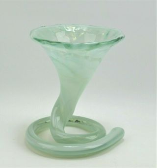 Vintage Green Trumpet Flower Shaped Bud Vase,  Swirl Base