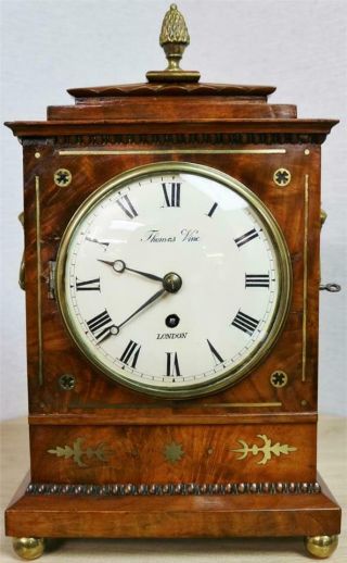Antique Regency English Inlaid Flame Mahogany Single Fusee 8 Day Bracket Clock