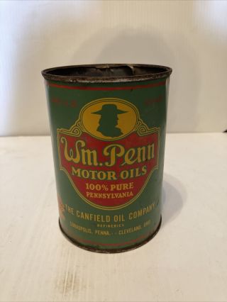 Vintage Early Wm Penn One Quart Motor Oil Tin Can