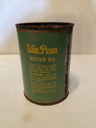Vintage Early WM Penn One Quart Motor Oil Tin Can 3