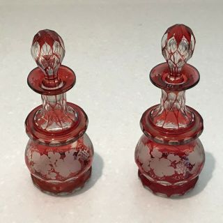 2 Antique Cranberry Cut Glass Perfume Bottles W/ Etched Grapes & Leaves