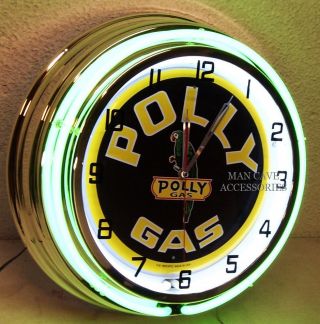 18 " Polly Gasoline Motor Oil Gas Station Sign Green Double Neon Clock