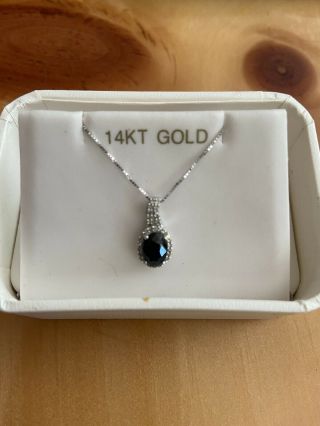 Vintage 14k White Gold Necklace W/ Sapphire And Diamond Pendant