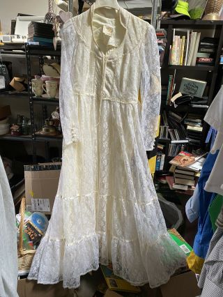 Vtg Gunne Sax Wedding Dress Romantic Renaissance High Neck Lace Floral Size 13