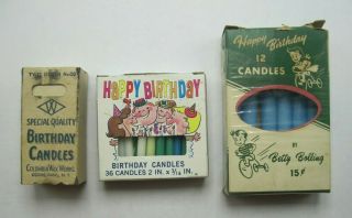 3 Vintage Boxes Vintage Birthday Candles Columbia & Betty Bolling Empty/ Partial