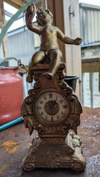 Antique Rare Waterbury Cherub Ornate Early Victorian Brass Mantle Clock 8 " X3 "