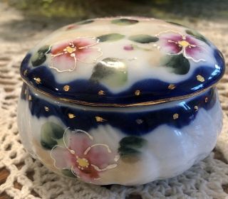 Vintage Floral Trinket Box Round Made In Japan Vanity Hand Painted Dish Cobalt
