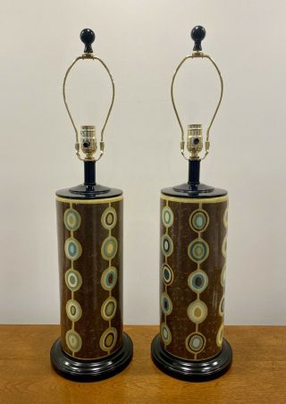 Pair Large Vintage Midcentury Modern Atomic Age Porcelain Table Lamps Wood Base