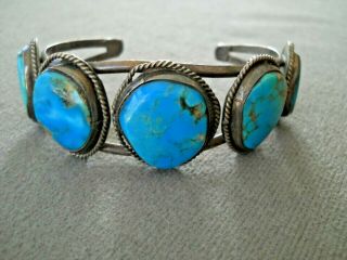 Vintage Handmade Native American Morenci Turquoise Row Sterling Silver Bracelet