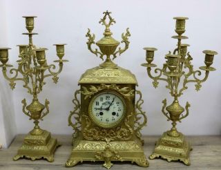 Antique French Mantle Clock Stunning Pierced Gilt Bronze 8 Day Garniture Set