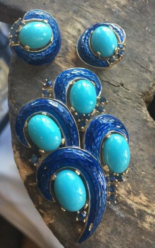 Rare Vintage Crown Trifari L’orient Blue Enamel Glass Pin Brooch Earring Set N