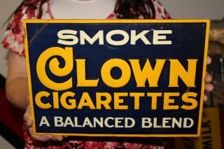 Vintage 1940s Smoke Clown Cigarettes Tobacco Gas Station 14 " Embossed Metal Sign