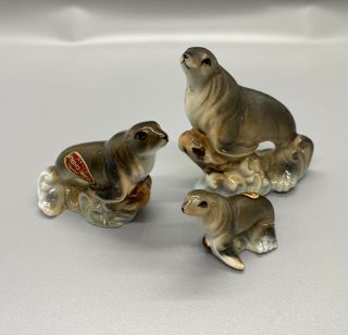 Vintage Bone China Miniature Seal Sea Lion Family 3 Figurines Made In Japan
