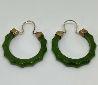 Vintage Green Jade 14k Gold Hand Carved Bamboo Design Hoop Earrings 1.  25