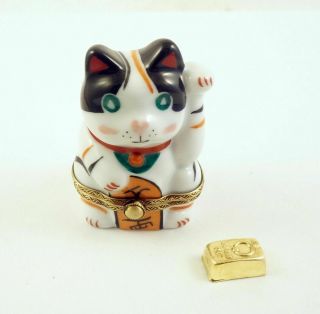 French Limoges Trinket Box Happy Cat Japanese Maneki - Neko Good Fortune
