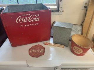 Vintage Coca Cola Metal Cooler,  Metal Ice Bucket,  Ice Pick,  Plastic Ice Bucket