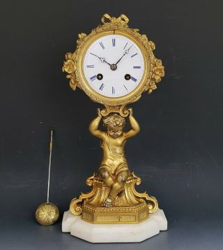 Antique French Figural Bronze Ormolu Cherub Mantle Clock Pert Bally Paris France
