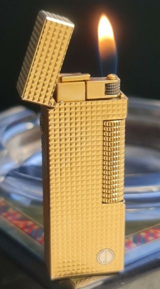 Newly Serviced,  Dunhill D Logo Hobnail Gold Plated Rollagas Lighter