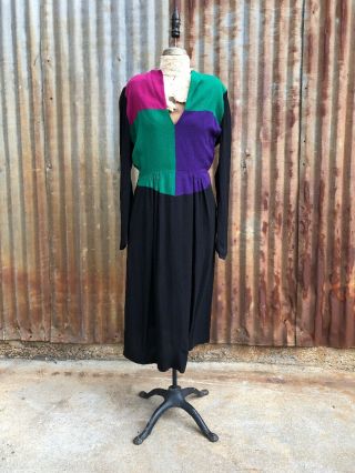 Vintage 1940s Color Block Midi Dress Wool Green Purple Pink Black By Mil Jay