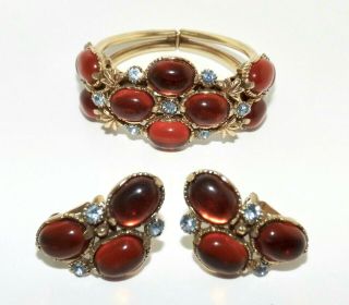 Vintage Signed Selro Cabochon Rhinestone Clamper Bracelet & Earrings Set