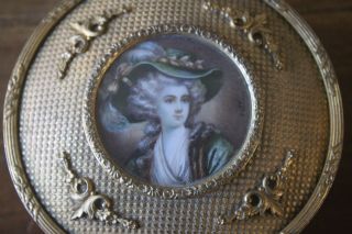 Antique Brass Round Lady Dresser Box Hand Painted Signed Jewelry Vanity Filigree