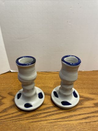 2 Williamsburg Candlestick Candle Holders Pottery Stoneware Gray Cobalt Blue