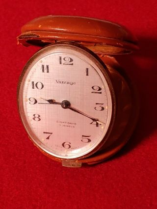 Vintage Vantage Travel Alarm Clock Wind Up 7 Jewels 8 Day Leather Case Germany