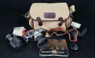Vintage Olympus Om - 2n 35mm Slr Camera W/ Bag & Two Lenses &