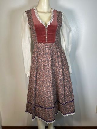 Vintage Gunne Sax Rose Midi Dress Velvet Bodice,  Full Skirt,  Pockets Sz S